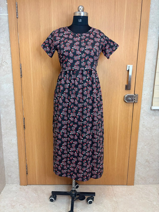 Charcoal Grey Berry Floral Print Cotton Hosiery Feeding Maxi