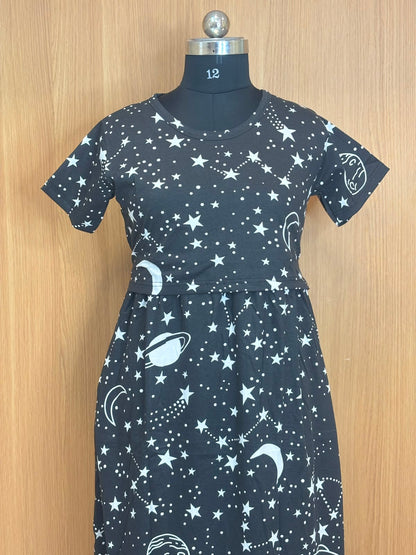 Black Galaxy Space Print Cotton Hosiery Feeding Maxi