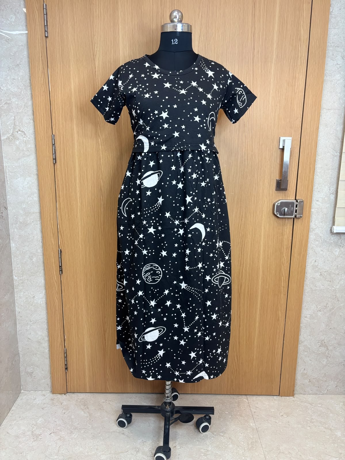 Black Galaxy Space Print Cotton Hosiery Feeding Maxi