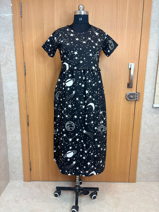 Black Galaxy Space Print Cotton Hosiery Feeding Maxi