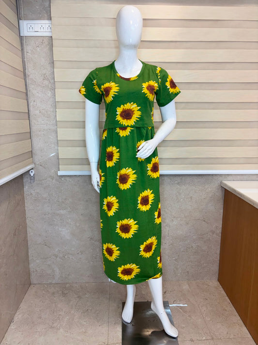 Green Sunflower Print Cotton Hosiery Feeding Maxi