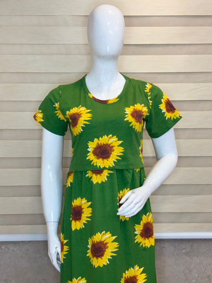 Green Sunflower Print Cotton Hosiery Feeding Maxi