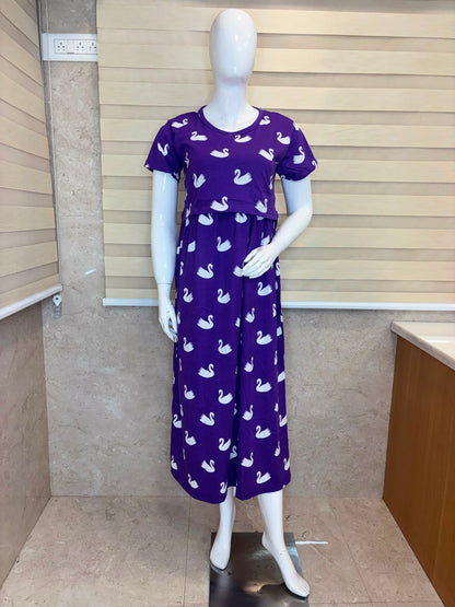 Purple Swan Print Cotton Hosiery Feeding Maxi