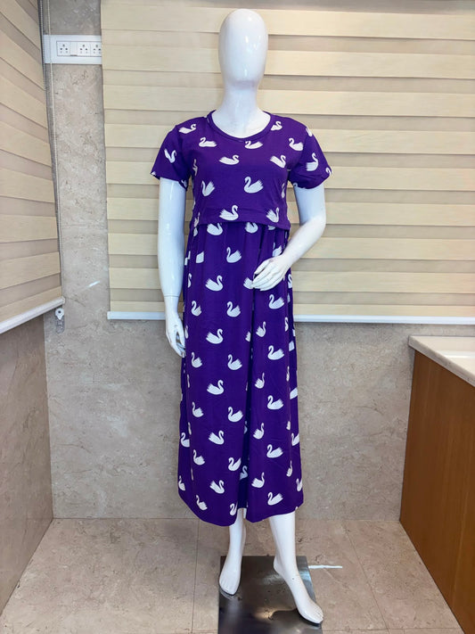 Purple Swan Print Cotton Hosiery Feeding Maxi
