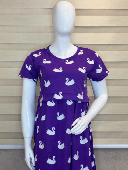 Purple Swan Print Cotton Hosiery Feeding Maxi