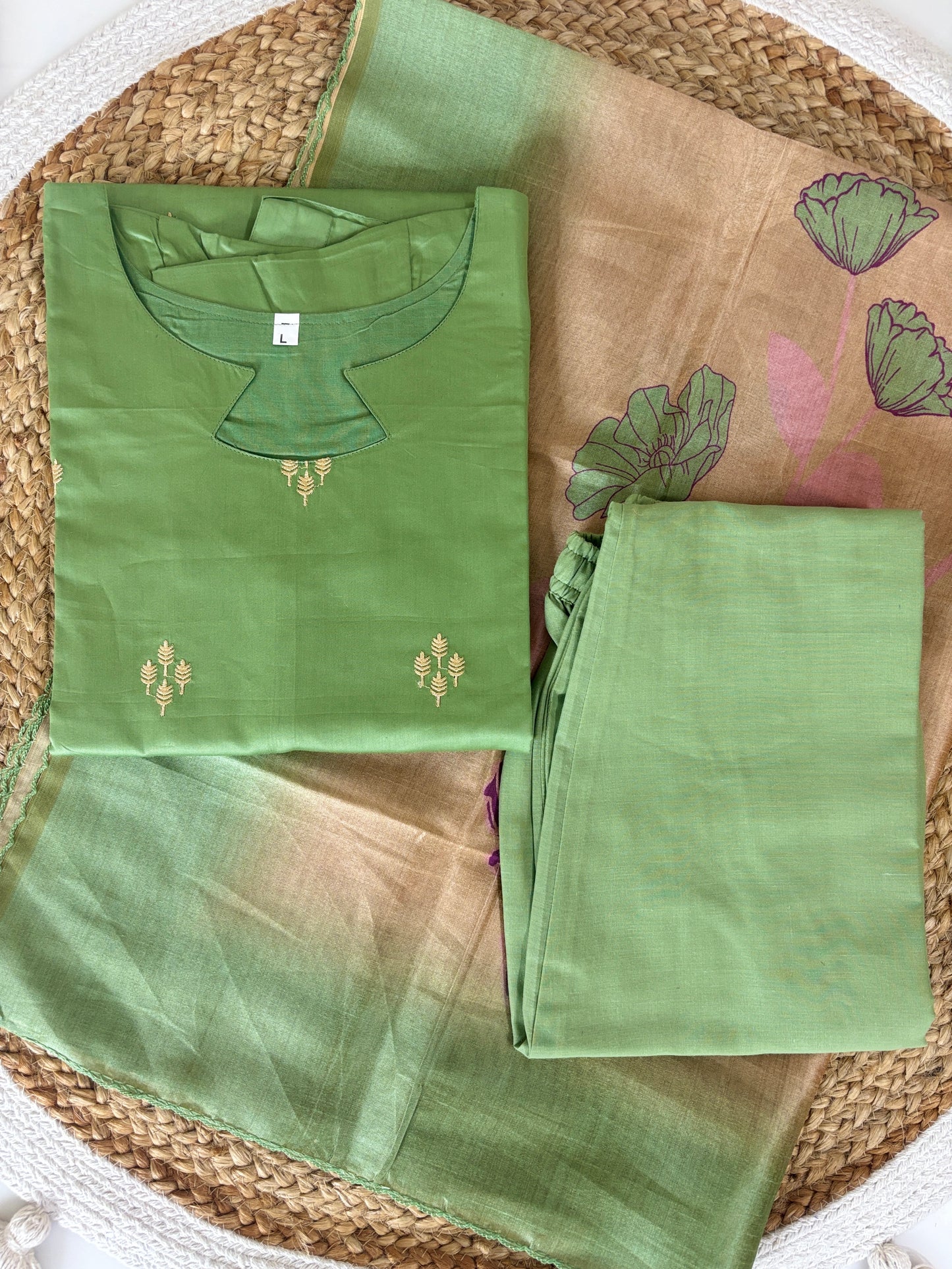 Pista Elegance Embroidered Kurta Set with Floral Woven Dupatta