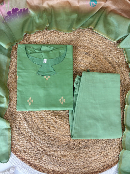 Pista Elegance Embroidered Kurta Set with Floral Woven Dupatta