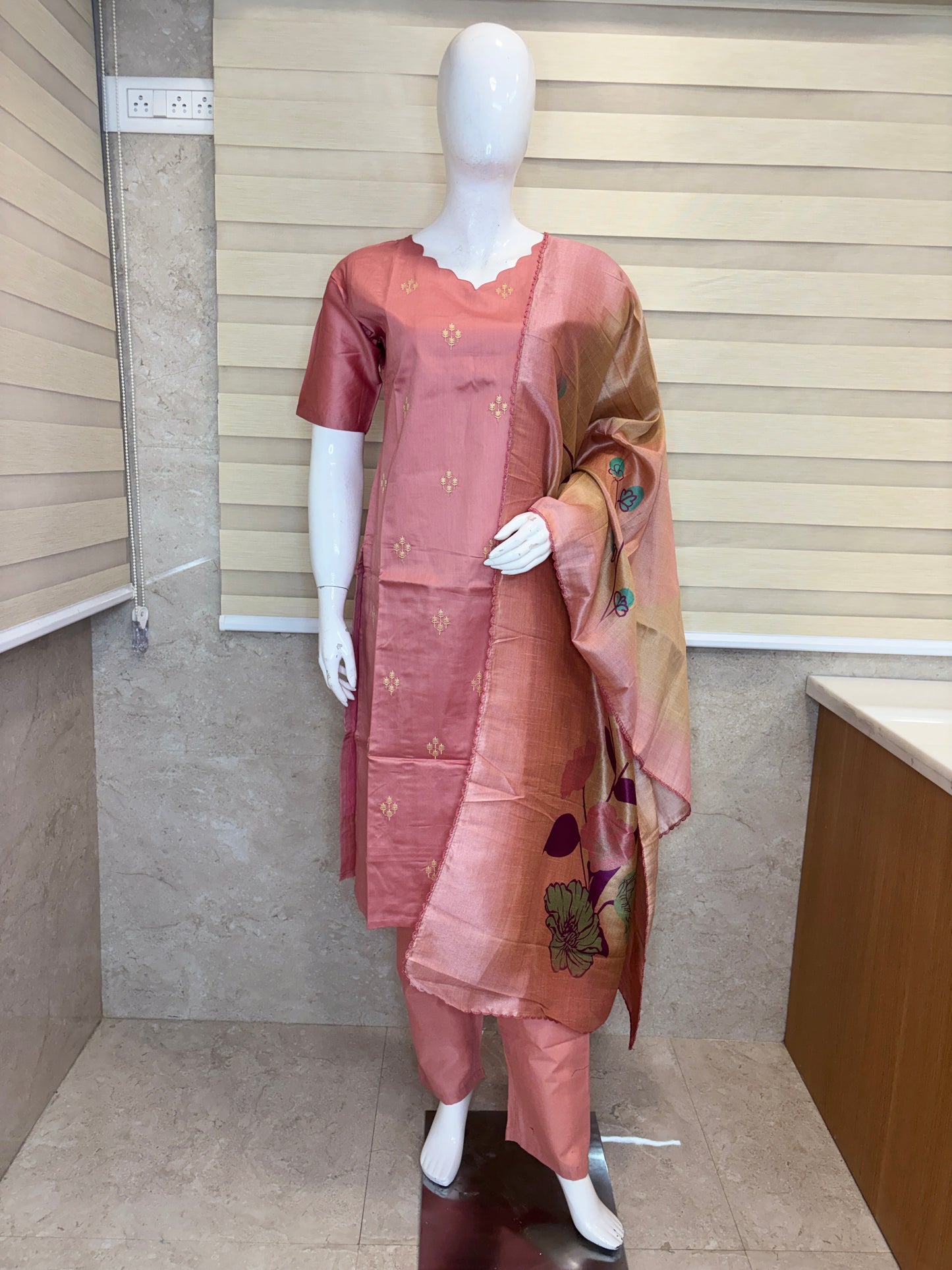 Peach Petals Cotton Silk Kurta Set