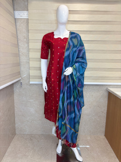 Crimson Bloom Cotton Silk Kurta Set