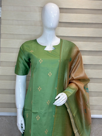 Pista Elegance Embroidered Kurta Set with Floral Woven Dupatta