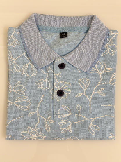 Powder Blue Floral Print Kids Polo Collar T-Shirt
