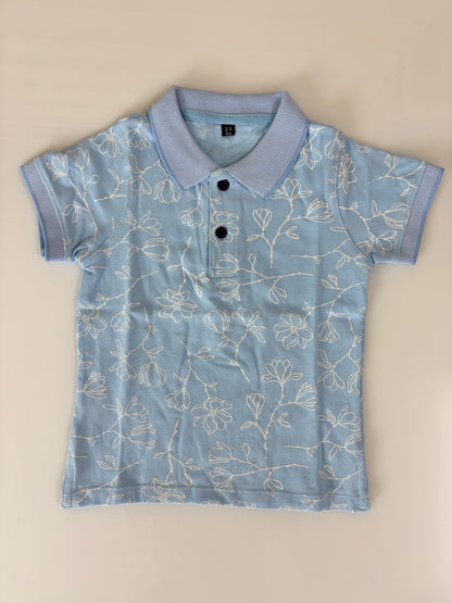 Powder Blue Floral Print Kids Polo Collar T-Shirt