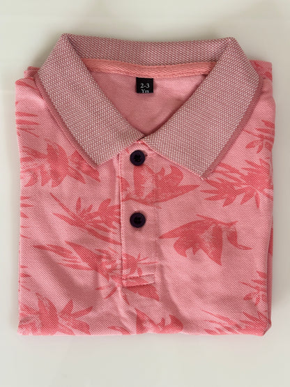 Blush Pink Tropical Leaf Print Kids Polo Collar T-Shirt