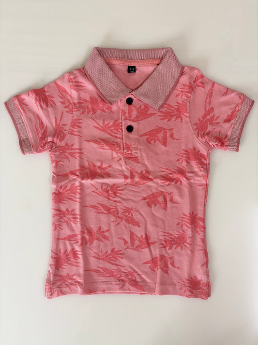 Blush Pink Tropical Leaf Print Kids Polo Collar T-Shirt