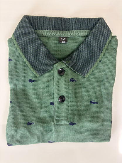 Sage Green Mini Crocodile Print Kids Polo Collar T-Shirt