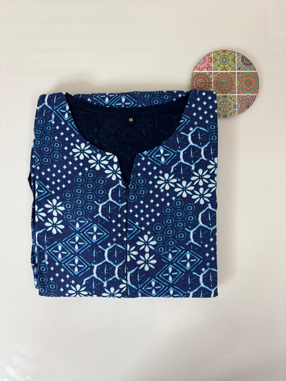 Navy Blue White Geometric Printed Cotton Maxi