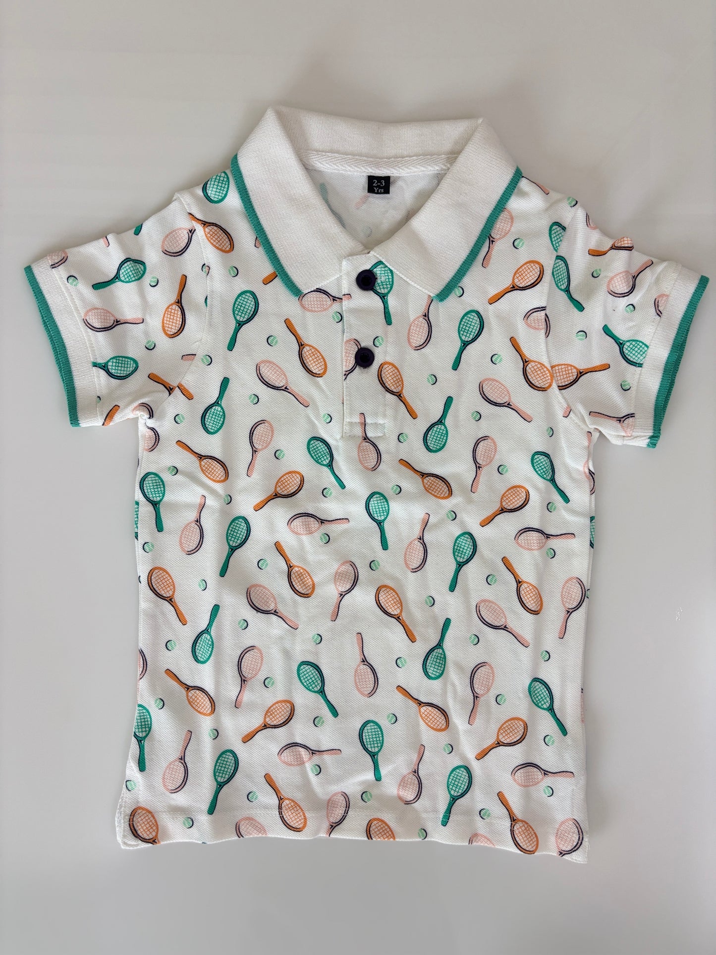 Classic White Tennis Racket Print Kids Polo Collar T-Shirt