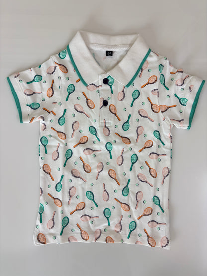 Classic White Tennis Racket Print Kids Polo Collar T-Shirt