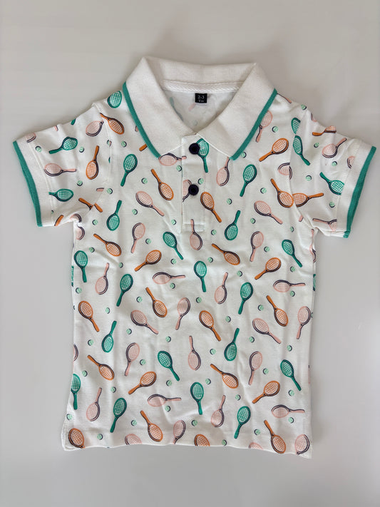 Classic White Tennis Racket Print Kids Polo Collar T-Shirt