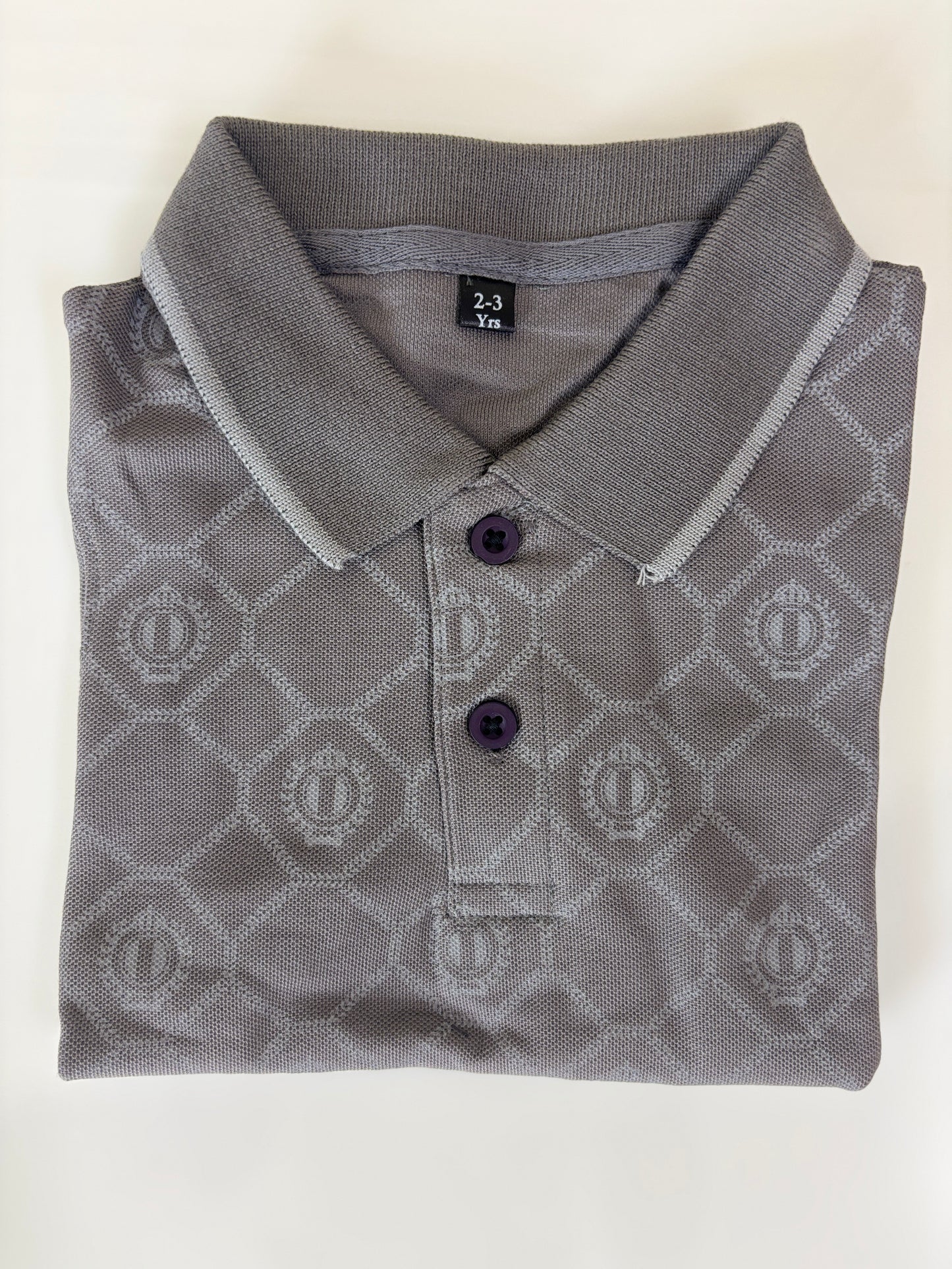 Slate Grey Geometric Monogram Print Kids Polo Collar T-Shirt