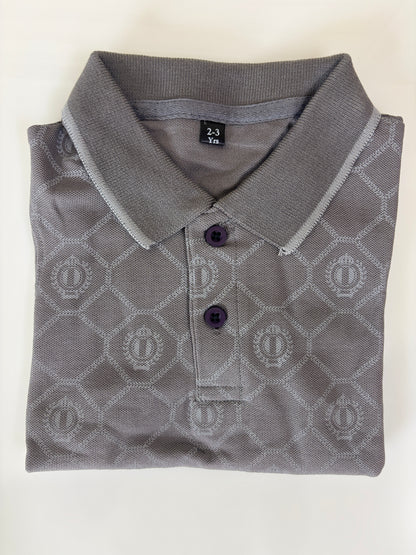 Slate Grey Geometric Monogram Print Kids Polo Collar T-Shirt