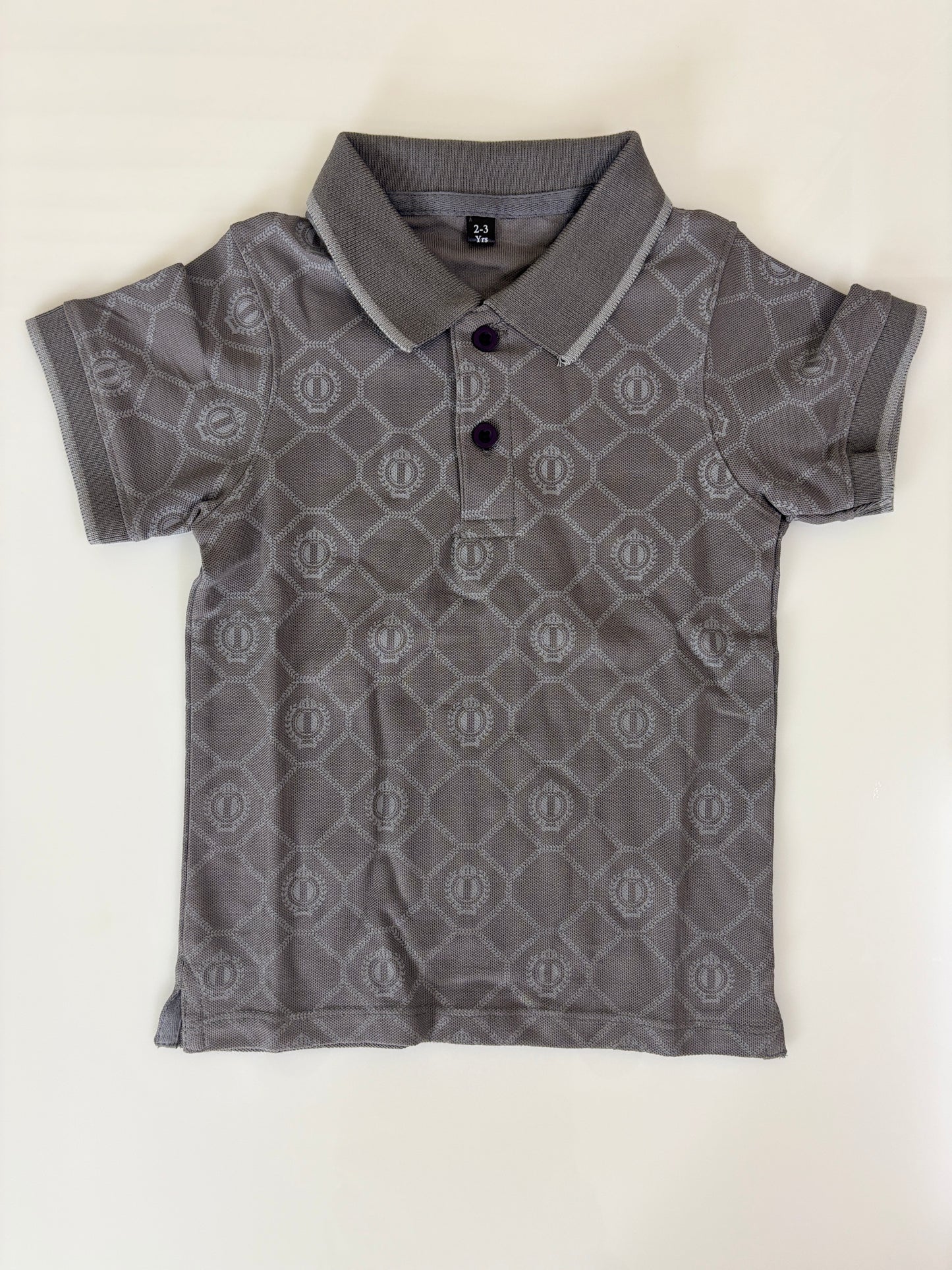 Slate Grey Geometric Monogram Print Kids Polo Collar T-Shirt