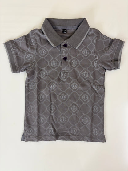 Slate Grey Geometric Monogram Print Kids Polo Collar T-Shirt