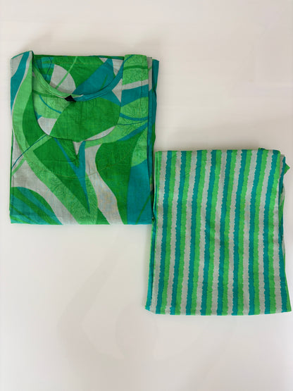 Emerald Green Abstract Leaf Print Kurta Set