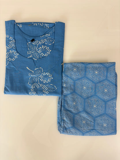 Steel Blue Floral Buta Print Kurta Set