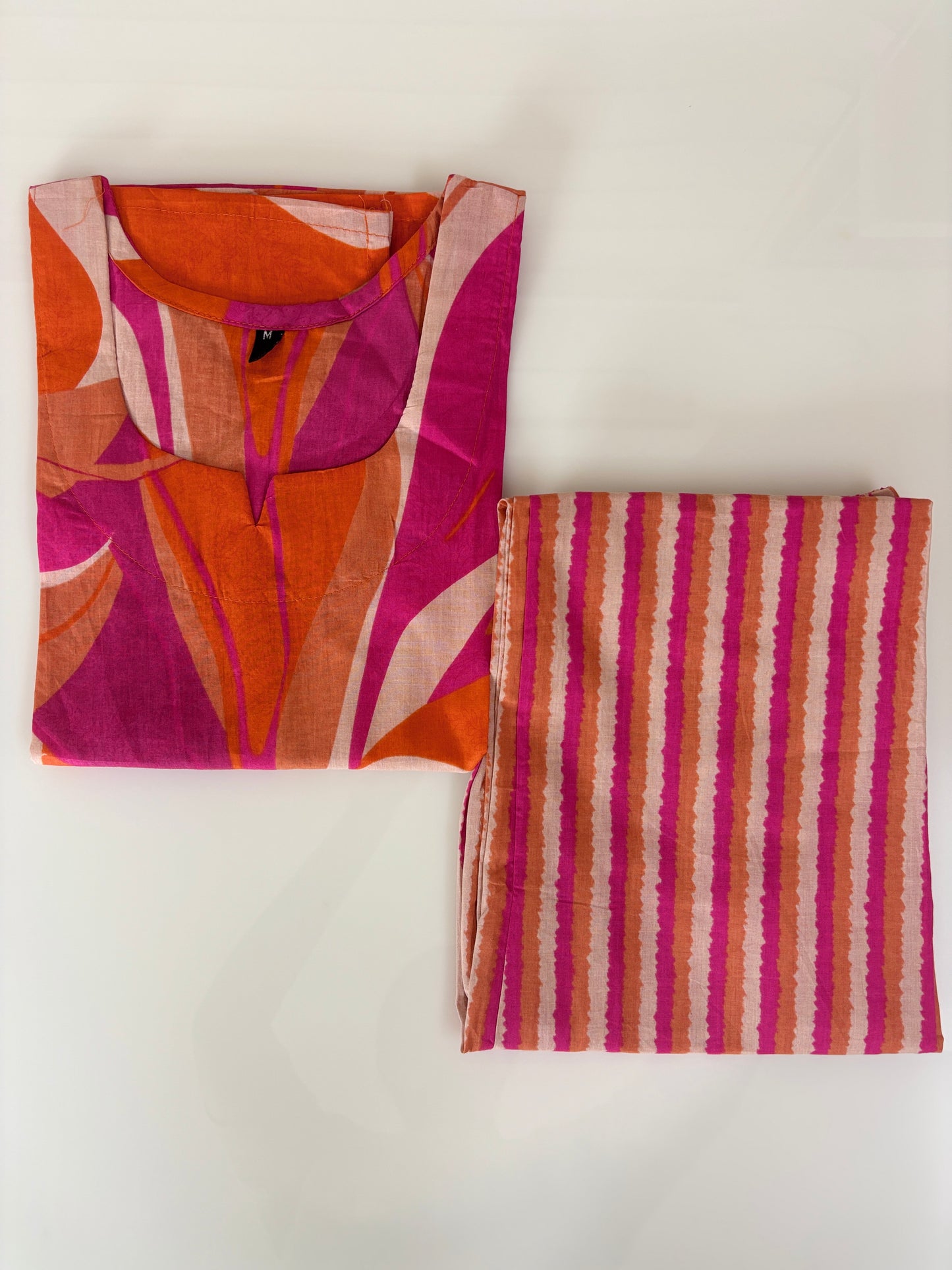 Coral Orange Abstract Leaf Print Kurta Set