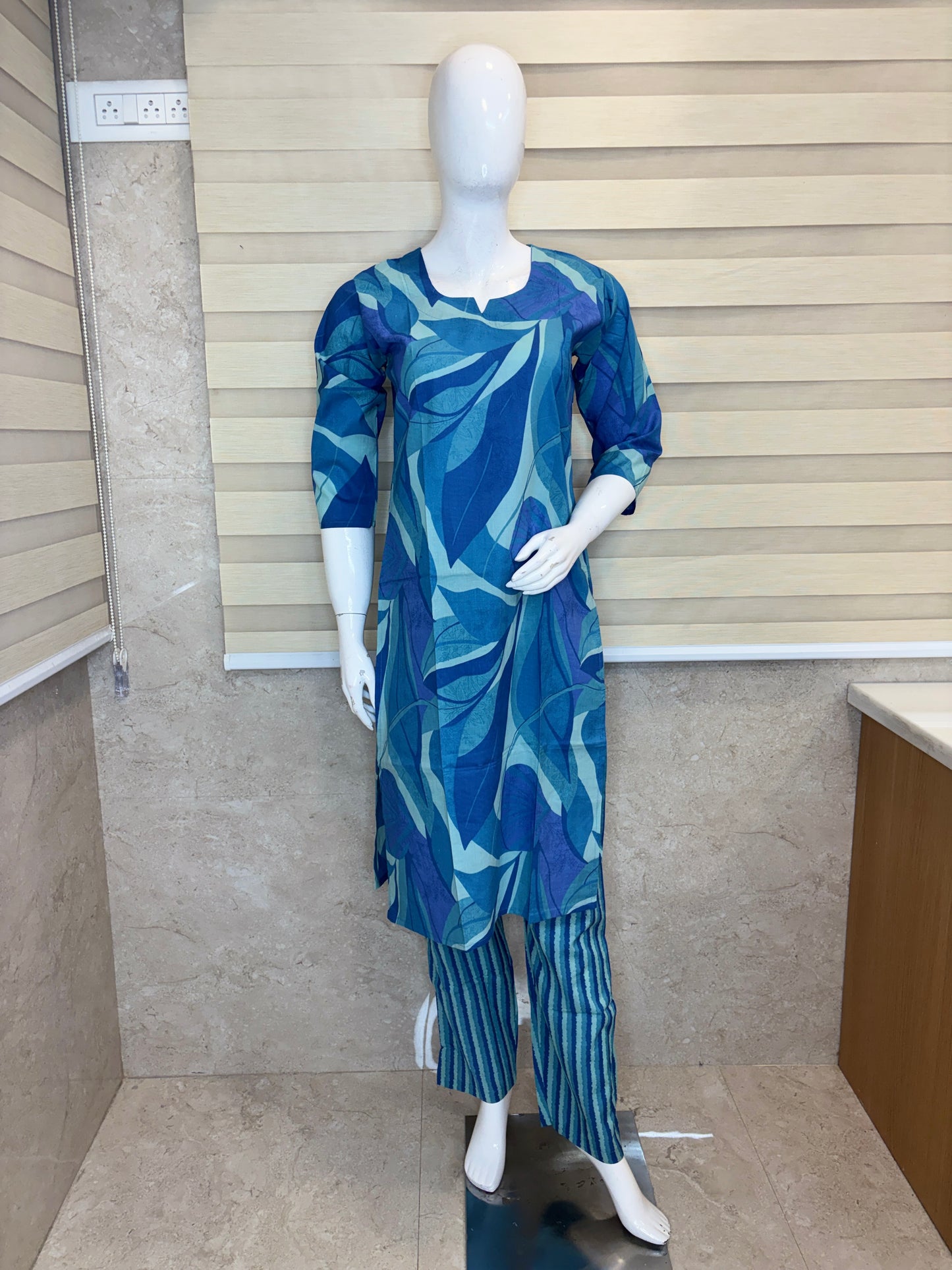 Ocean Blue Abstract Leaf Print Kurta Set
