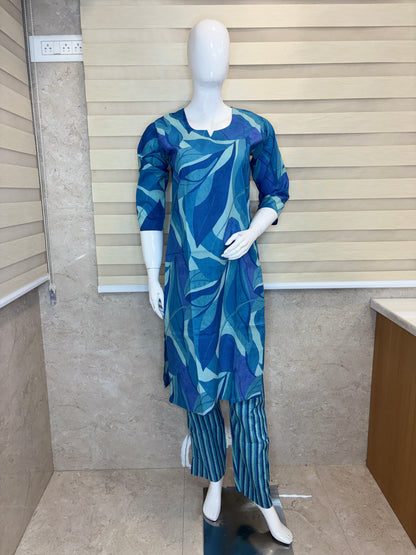 Ocean Blue Abstract Leaf Print Kurta Set