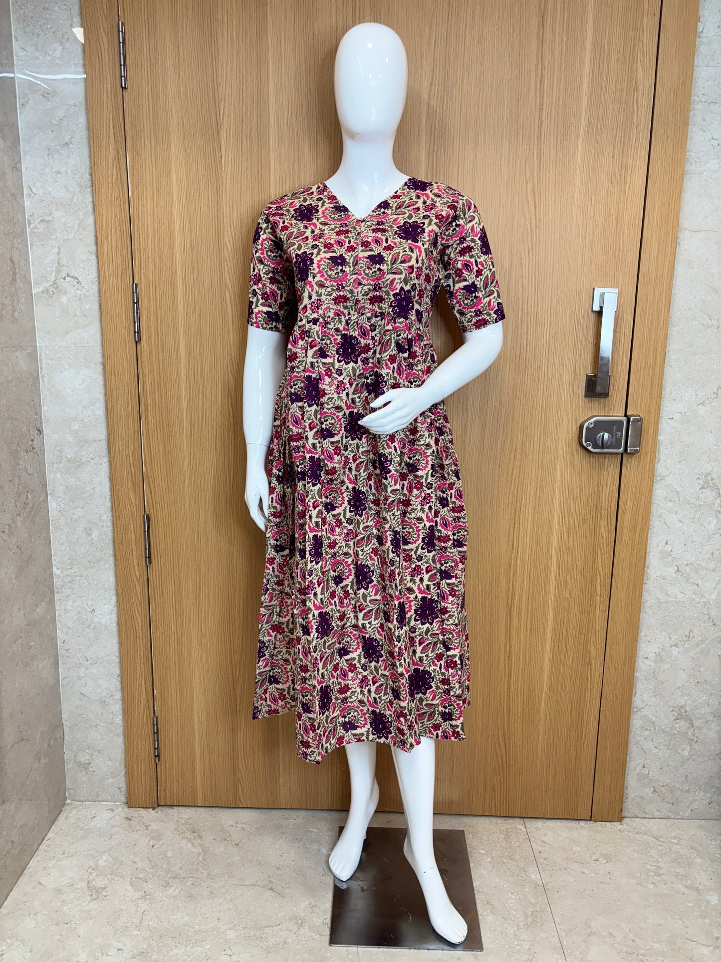 Beige Pink Purple Floral Printed Cotton Maxi