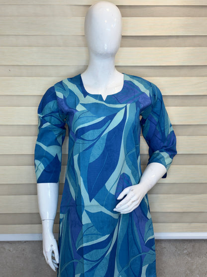 Ocean Blue Abstract Leaf Print Kurta Set