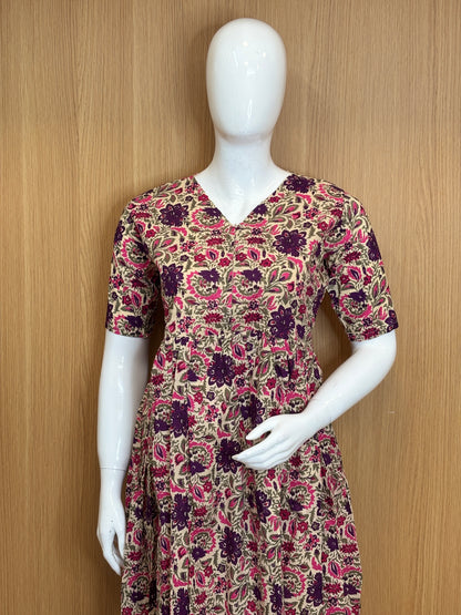 Beige Pink Purple Floral Printed Cotton Maxi
