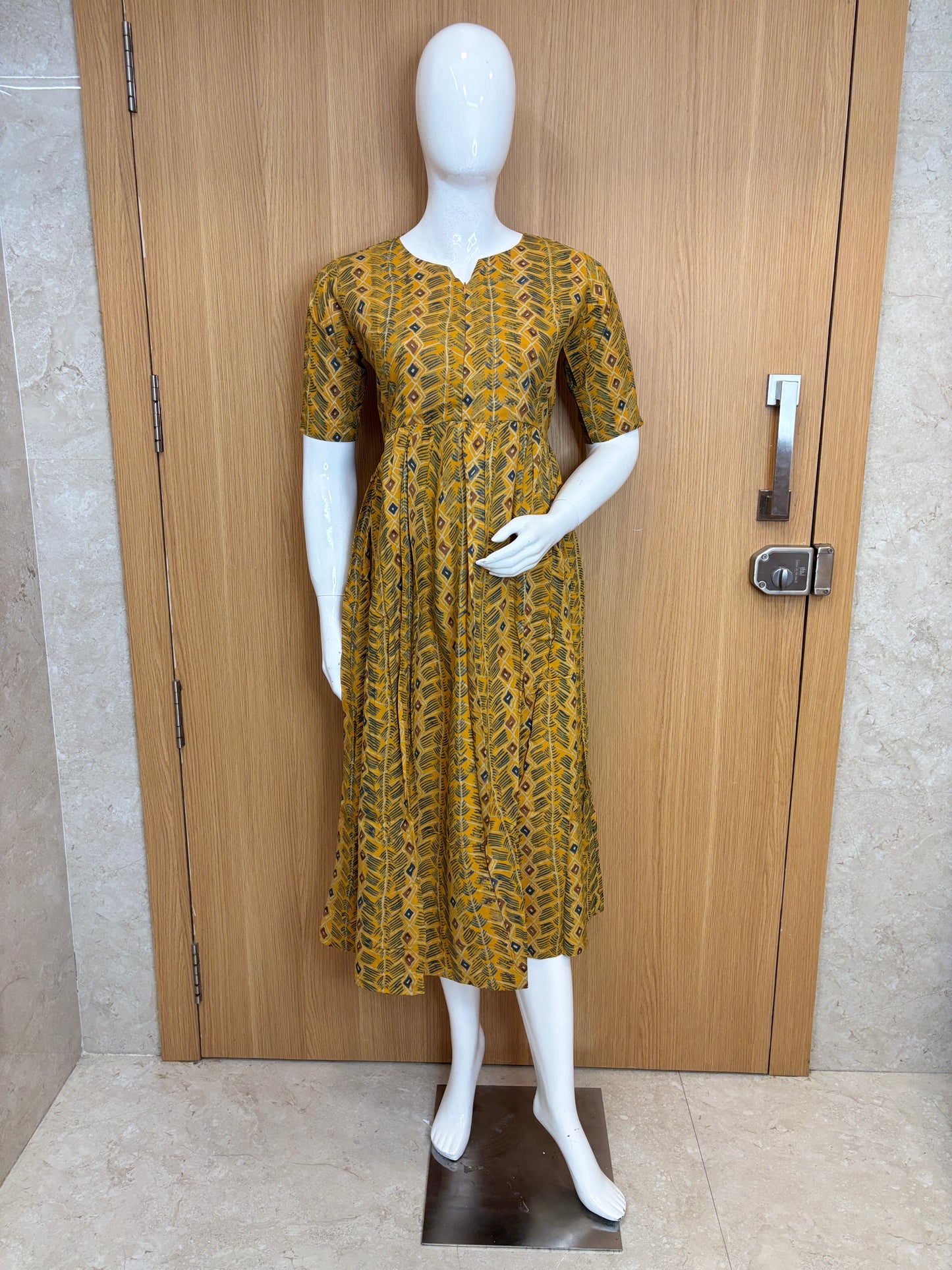 Mustard Yellow Leaf Printed Cotton Maxi