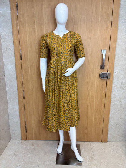 Mustard Yellow Leaf Printed Cotton Maxi