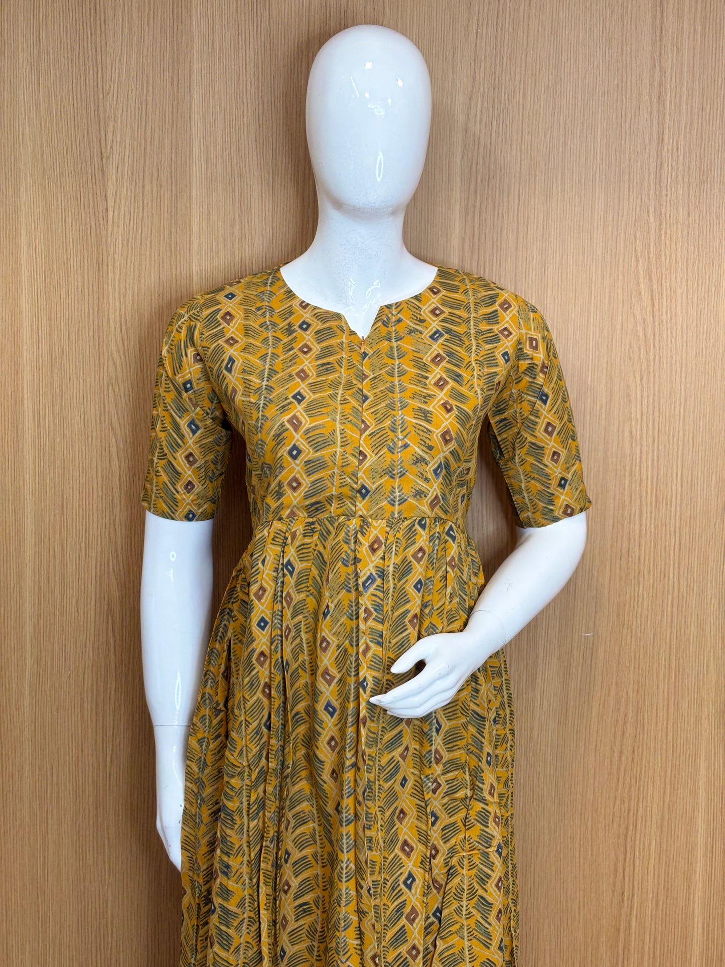 Mustard Yellow Leaf Printed Cotton Maxi