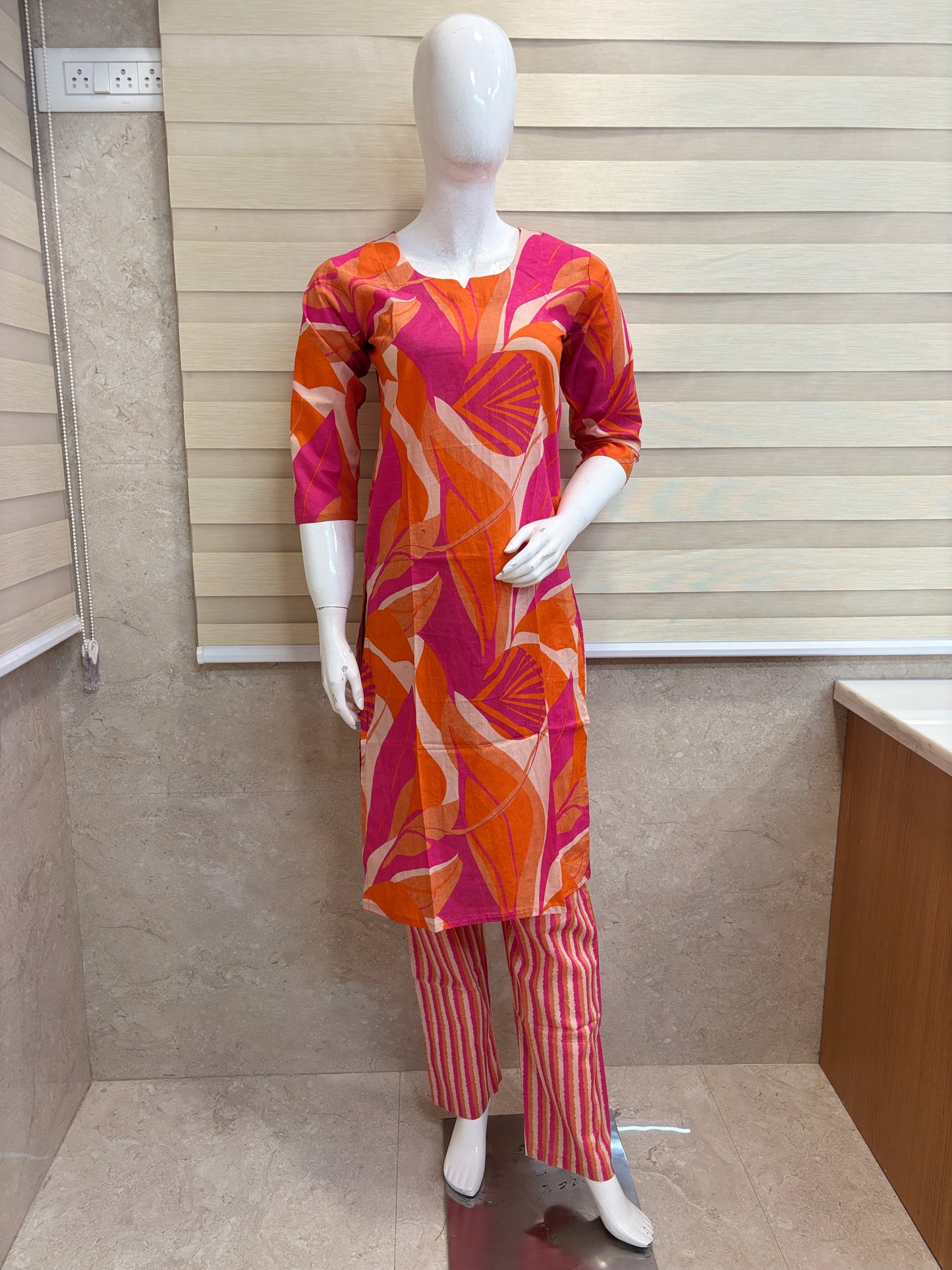 Coral Orange Abstract Leaf Print Kurta Set