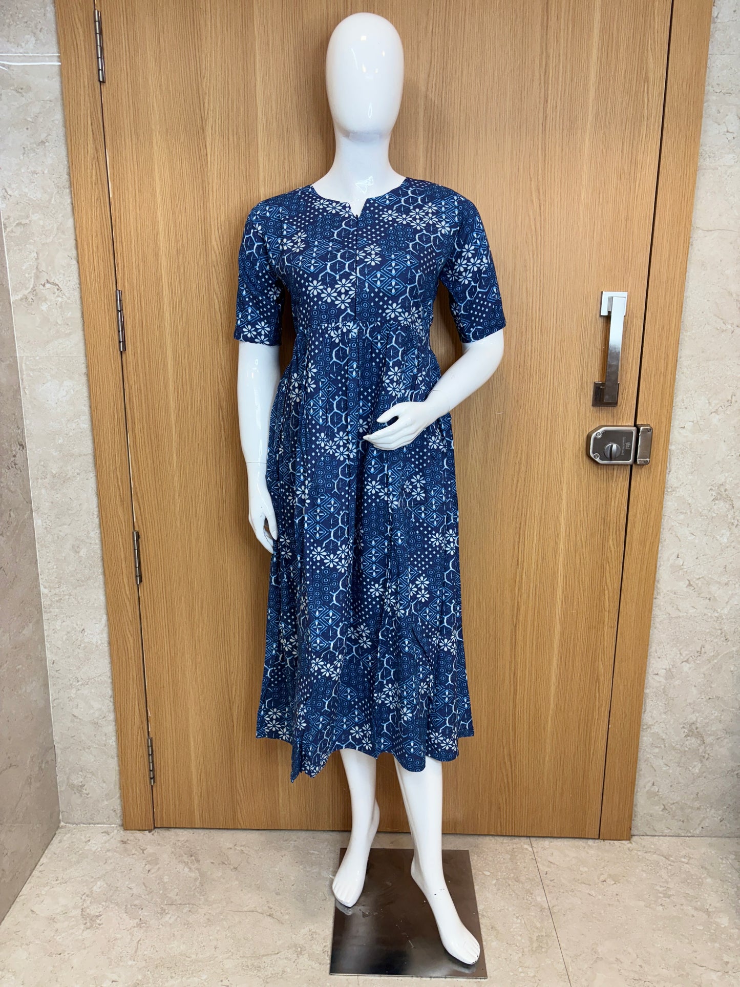 Navy Blue White Geometric Printed Cotton Maxi
