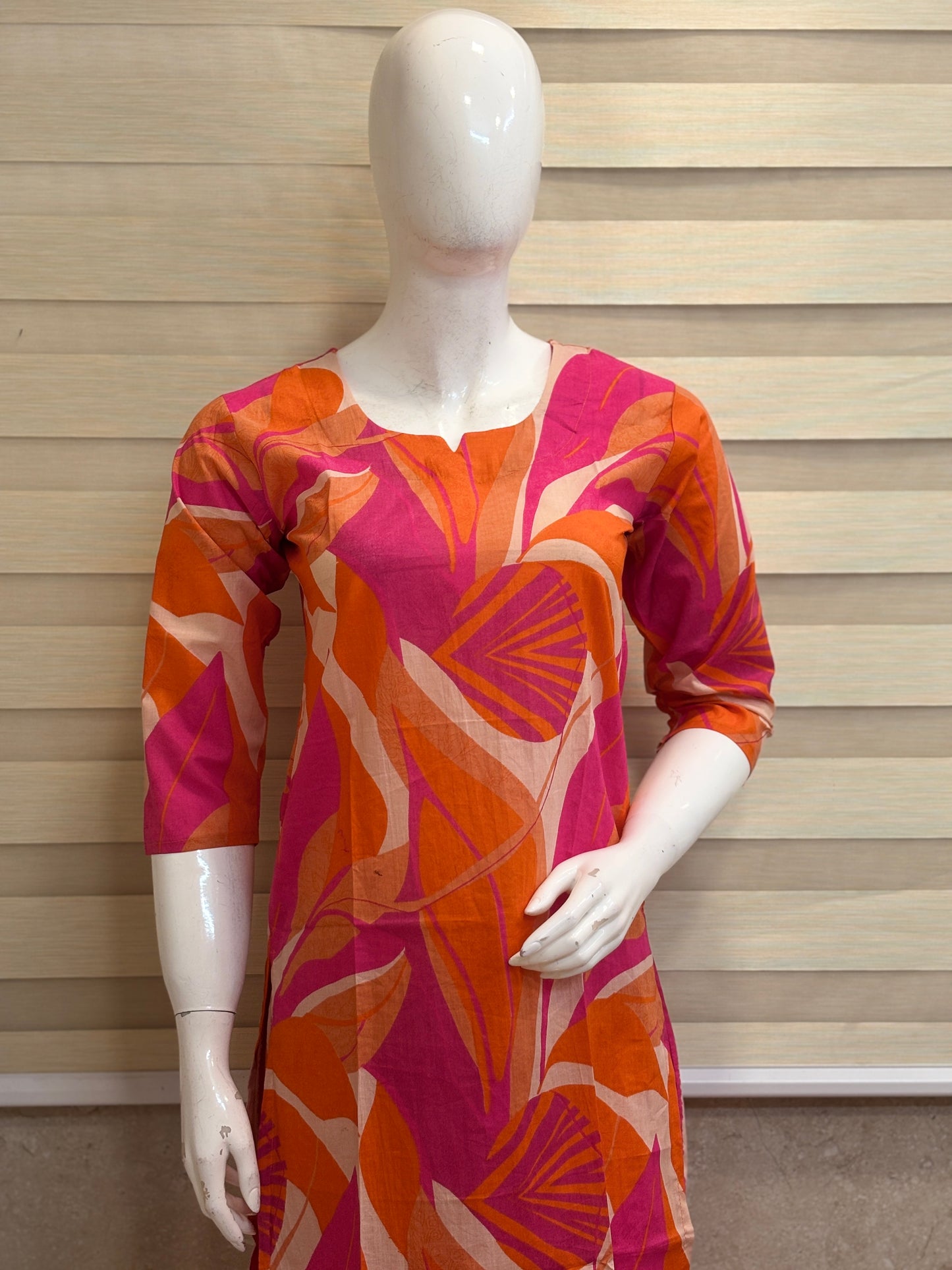 Coral Orange Abstract Leaf Print Kurta Set