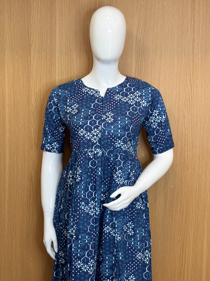 Navy Blue White Geometric Printed Cotton Maxi