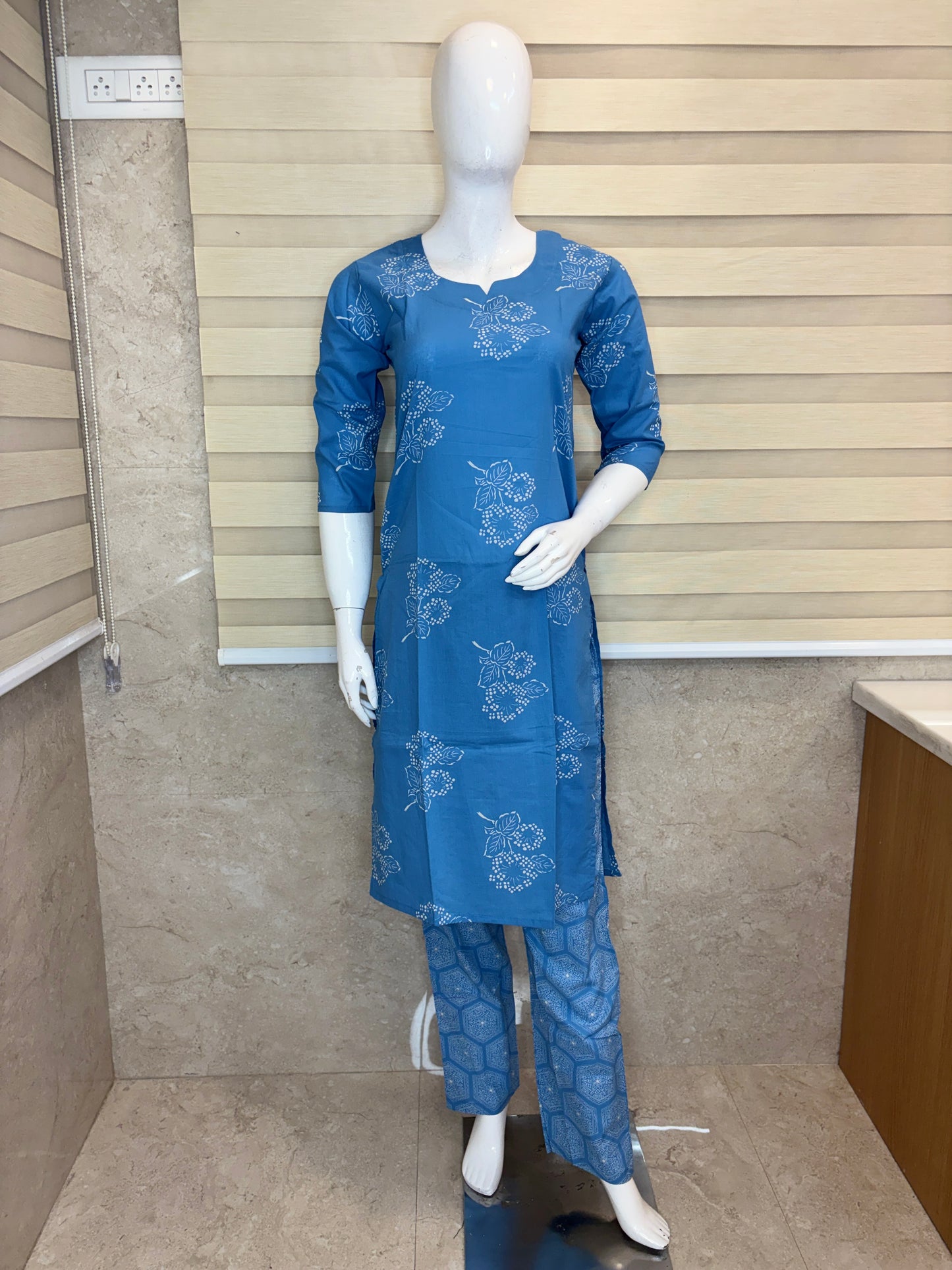 Steel Blue Floral Buta Print Kurta Set
