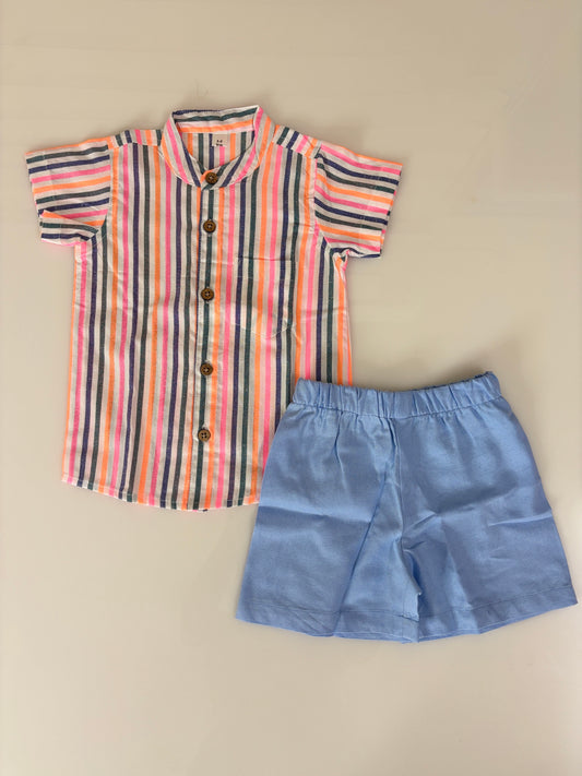 Coral Pink Multicolor Stripe Kids Outdoor Wear Co-ord Set