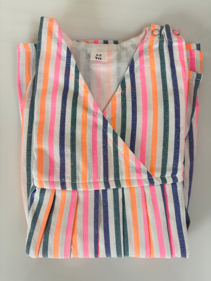 Coral Pink Multicolor Stripe Kids Frock
