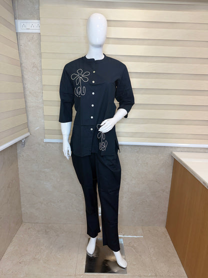 Midnight Navy Minimal Floral Line Art Cotton Co-ords