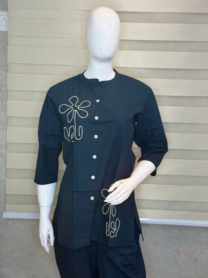 Midnight Navy Minimal Floral Line Art Cotton Co-ords
