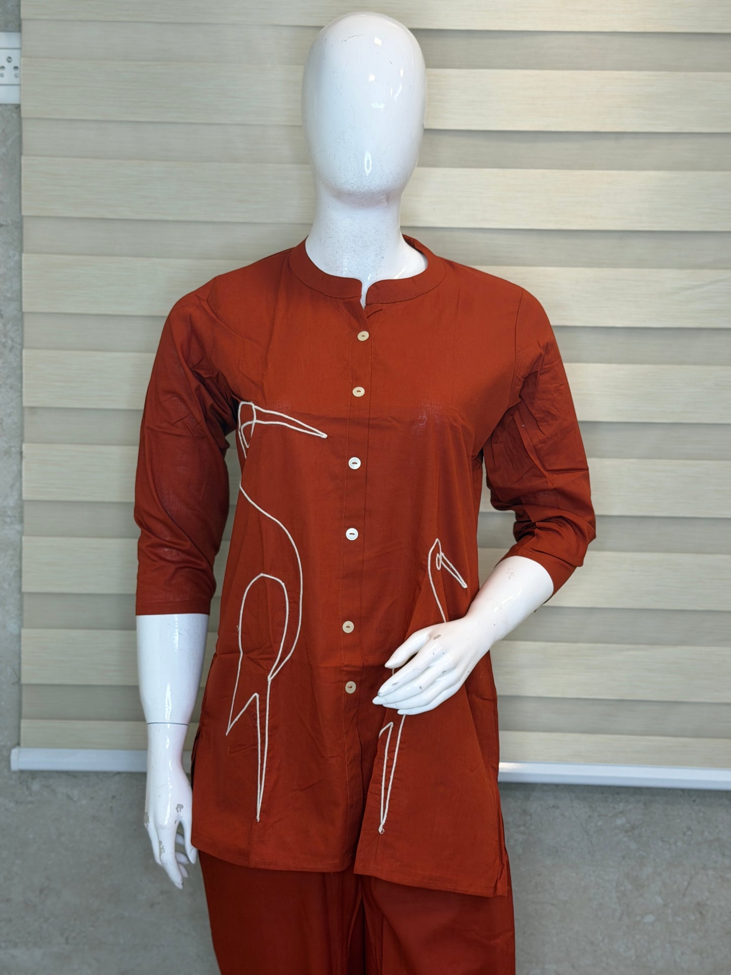 Rust Orange Minimal Crane Line Art Cotton Co-ords