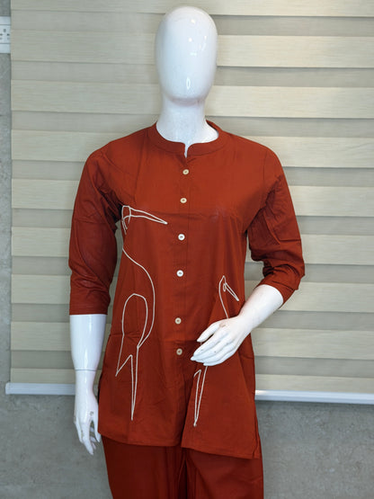 Rust Orange Minimal Crane Line Art Cotton Co-ords