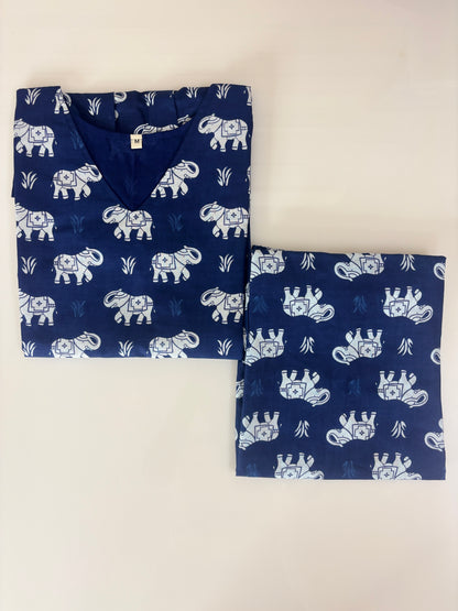 Indigo Blue Elephant Print Peplum Co-ord Set